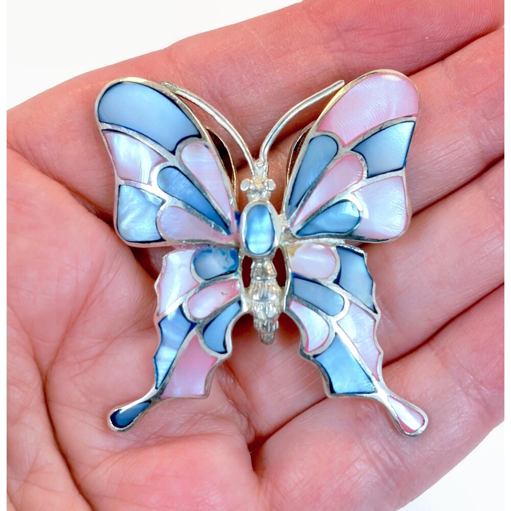 Butterfly Pendant, Sterling Silver, Vintage, Mother of Pearl,Pastel, Pink, Blue